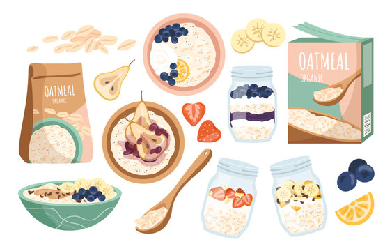 Oatmeal breakfast set. Morning healthy breakfast, cereals and porridge with milk and fruits. Vegetarian diet and proper nutrition. Cartoon flat vector collection isolated on white background