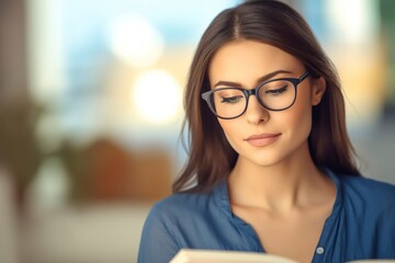 A pretty young woman with glasses, an avid reader, bustles over reading a novel. AI generated fictional person.