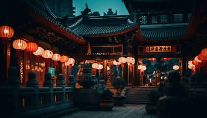 Obraz premium Illuminated lanterns adorn ancient Chinese architecture at dusk generated by AI