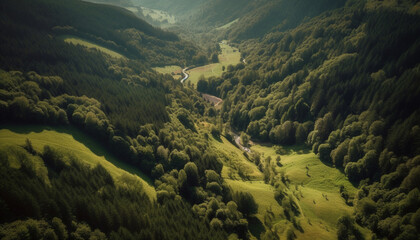 Majestic mountain range, tranquil meadow, green trees generated by AI