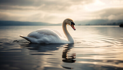 Plakat Mute swan glides on tranquil pond surface generated by AI