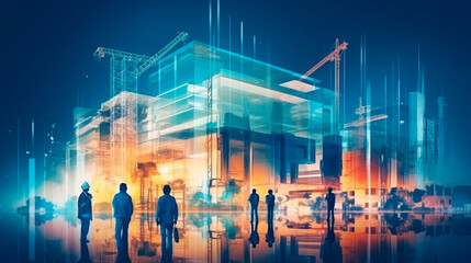 illustration digital building construction engineering with double exposure graphic design. Building engineers, architect people, or construction workers working. Generative AI