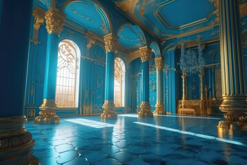 Exquisite depiction of a magical blue interior within the realm of the royal palace