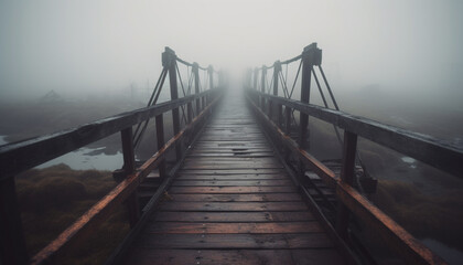 Fototapeta premium Tranquil footbridge vanishing into foggy mystery generated by AI
