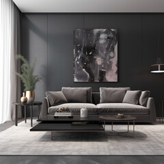 Modern dark and open space living room or hotel, grey sofa, natural oak acoustic slat wood panel on the wall. Hanging light. Two story hotel room. Panoramic windows 3d render. Generative AI