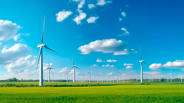 Panoramic view of wind farm or wind park, with high wind turbines for generation electricity with copy space. green energy concept. Generative AI