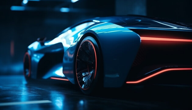 Shiny blue sports car speeds through night generated by AI