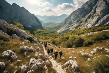 Fototapeta na wymiar A thrilling shot of a group of hikers trekking through the rugged terrain of a Croatian national park, with majestic mountains in the background. Generative Ai