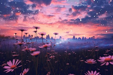 a field of purple flowers is in the background of a sunset Generative Ai