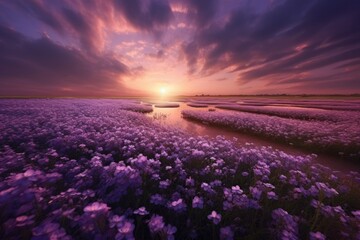 a field of purple flowers is in the background of a sunset Generative Ai