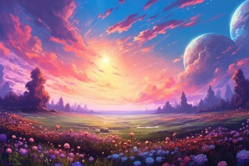 a field of purple flowers is in the background of a sunset Generative Ai