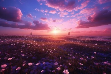 a field of purple flowers is in the background of a sunset Generative Ai