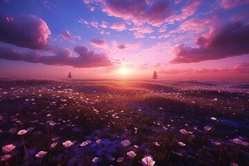 a field of purple flowers is in the background of a sunset Generative Ai