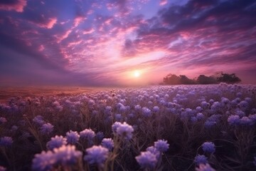 a field of purple flowers is in the background of a sunset Generative Ai