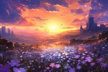 a field of purple flowers is in the background of a sunset Generative Ai