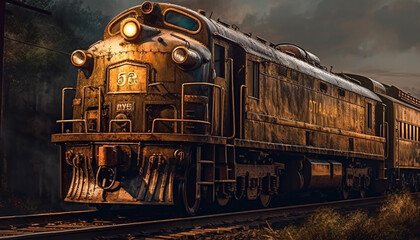 Obraz premium Steam locomotive on rusty railroad track vanishing into sunset generated by AI
