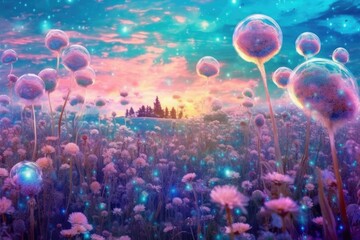 purple flowers and soap bubbles are shown Generative Ai