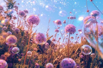 purple flowers and soap bubbles are shown Generative Ai