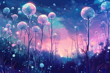 purple flowers and soap bubbles are shown Generative Ai