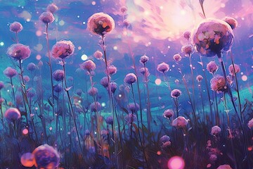 purple flowers and soap bubbles are shown Generative Ai