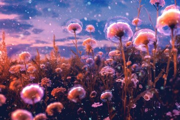 purple flowers and soap bubbles are shown Generative Ai