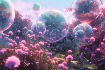 purple flowers and soap bubbles are shown Generative Ai