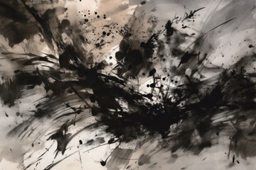 Sumi-e ink blots and splatters from the point of a brush onto silk charcoal-colored paper. Abstract patterns with a monochrome color scheme. Generative Ai