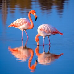 Fototapeta na wymiar Flamingo Reflections in a Mirror-like Lake