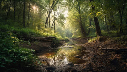 Tranquil forest footpath, wet leaves, sunlight streaming generated by AI