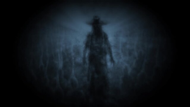 Creepy warlock in big hat stands surrounded by spirits. Hell visions 2D animation. Horror fantasy genre. Dark short film for spooky Halloween. Animated video clip. Vj loop. Blue and black background.