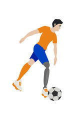 Fototapeta na wymiar Cartoon Man with Prosthetic Leg Football Ball. Player with Prosthesis, Match. Disabled Handicapped Sport Training. Disabled Soccer player illustration. Football player kick and dribble.