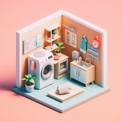 3D cute isometric laundry room - created with Generative AI technology
