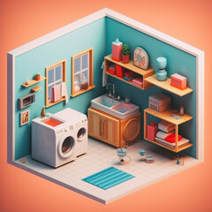 3D cute isometric laundry room - created with Generative AI technology