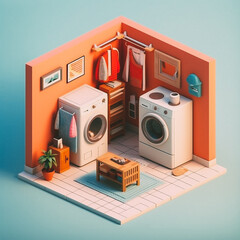 3D cute isometric laundry room - created with Generative AI technology