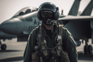 Fighter pilot and his fighter at the airport in standby mode Generative AI