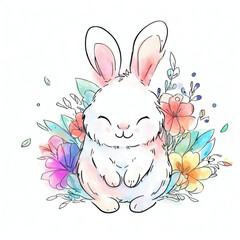Obraz na płótnie Canvas Watercolor Illustration of a Playful Bunny with Easter Eggs, Generative AI