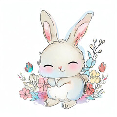 Cute Bunny in Serene Watercolor Splashes, Generative AI