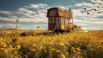 A small wooden house in a flower field with a hippie flower power style - generative AI