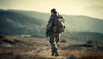 One army soldier hiking mountain range outdoors generated by AI
