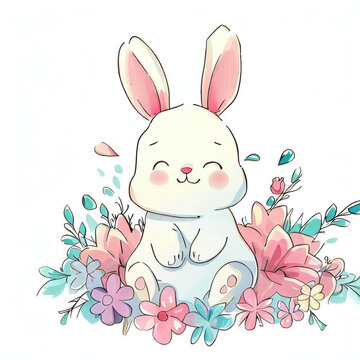Watercolor Painting of a Cute Bunny with Easter Vibes, Generative AI