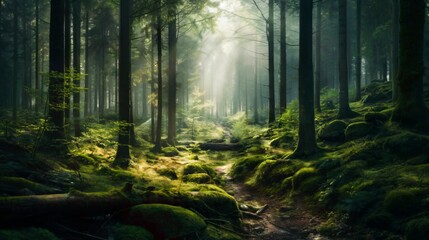 Forest with trees and light shining through