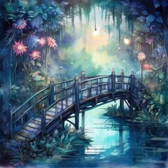 Watercolor bridge of flowers at night Generative Ai
