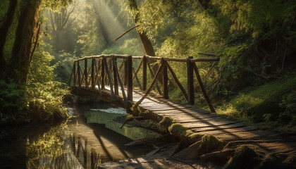 Tranquil footbridge reflects autumn beauty in nature generated by AI