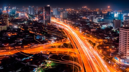 Fototapeta na wymiar Smart digital city with high speed light trail of cars of digital data transfer. Generative AI