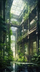 a large building with lush, green plants and trees Generative Ai
