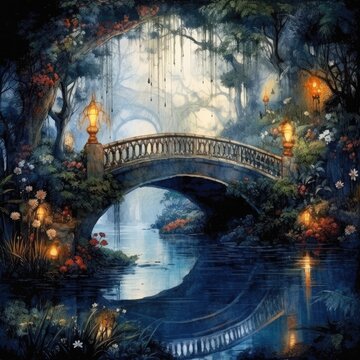 Watercolor bridge of flowers at night Generative Ai © beginnermeager