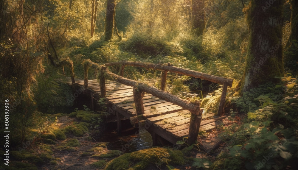 Wall mural Tranquil footbridge crosses wet autumn wilderness pond generated by AI