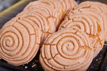 Chocolate or cinnamon conchas baked goods Mexican sweet bread on black tray