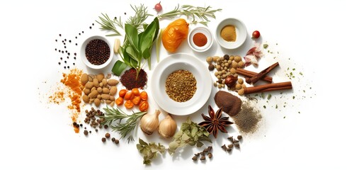 Assortment of Mediterranean herbs and spices, displayed in a bowl and laid flat on a white background, showcasing natural shadows, Generative Ai, Generative, Ki