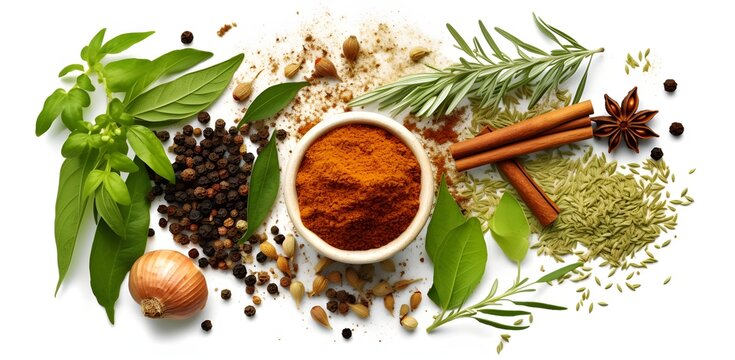 Closeup photograph of a variety of Mediterranean spices, arranged horizontally with white background, featuring subtle natural shadows, sensory experience, functional aesthetics, Generative AI, KI